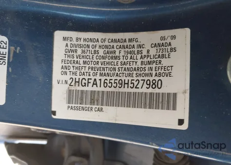 2009 Honda Civic Lx z USA, uszkodzony, nr VIN 2HGFA16559H527980